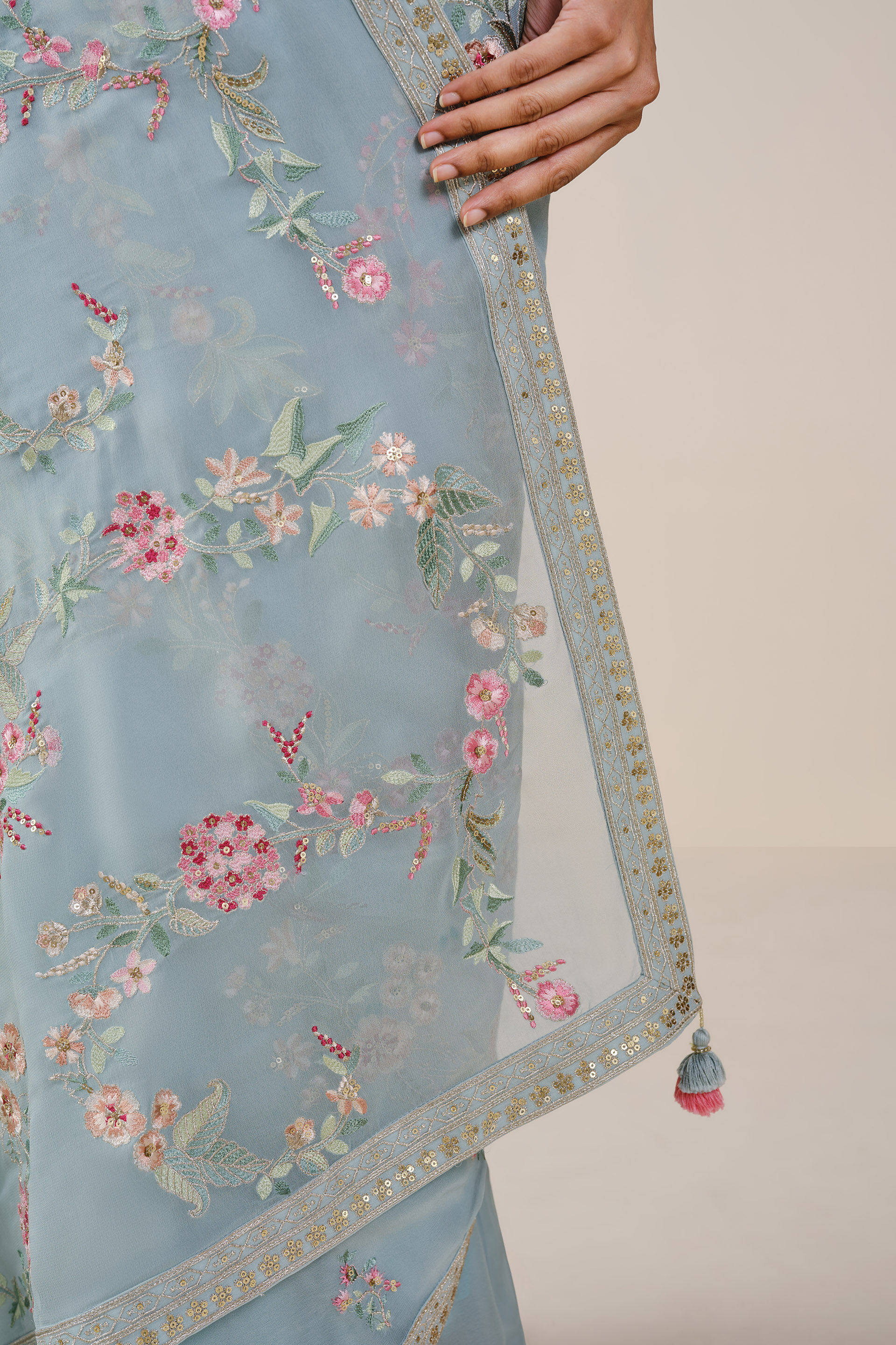 Dianthus Embroidered Georgette Saree, Powder Blue, image 6